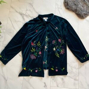 Susan Graver Style Velour embroidered jacket 1x plus size spring green blue